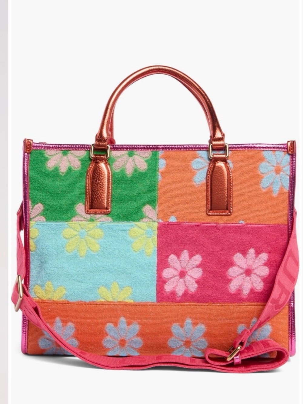 Kurt Geiger Multicolor Patchwork Floral Tote with Metallic Rose Handles - Picture 2 of 5